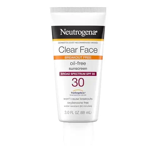 Neutrogena Clear Face Sunscreen for Acne-Prone Skin SPF 30, Broad Spectrum Facial Sunscreen Lotion, Lightweight, Non Comedogenic, Oil-, Fragrance- & Oxybenzone-Free Water Resistant (80 min), 3 fl. oz