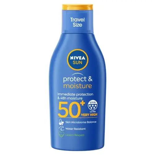 NIVEA SUN Protect & Hydrate Travel Size Lotion 100ml (3.38 fl oz), Lightweight Fast-Absorbing Formula, Water Resistant, Enriched with Vitamin C & Hyaluronic Acid, Daily Sun Care for Face and Body